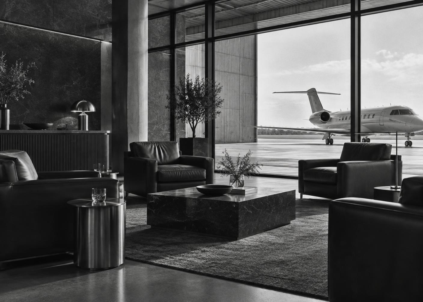Exklusiv lounge med privatjet utanför